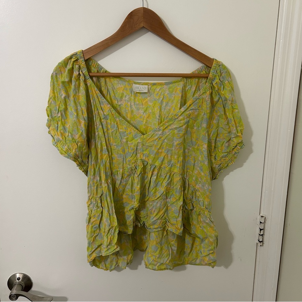 Abound Yellow Green Floral Puff Sleeve Ruffle Hi-Low V-neck Blouse Top